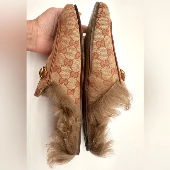 Gucci Princetown Horsebit Brown GG Print Canvas Fur Slippers Loafers US 7 EU 41